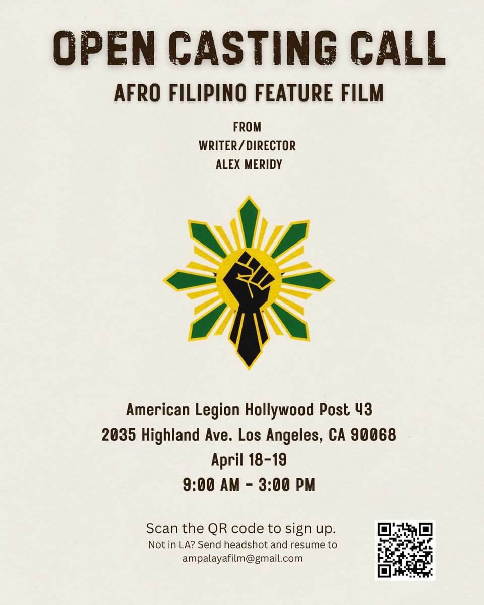 leynabloom's tweet photo. A powerful Afro-Filipino feature film by writer/director Alex Meridy is now casting.
.
We're looking for fresh faces and real voices to bring this story to life - across multiple roles and ages. SAG and Non-Union.
.
📍 American Legion Hollywood Post 4... https://t.co/mFhNShSNp7