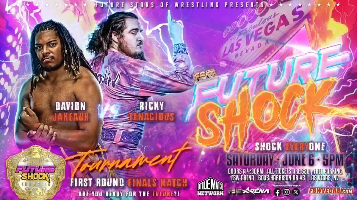 FSWVegas's tweet photo. All Roads lead to #FSW17!  

The Future Shock Championship Tournament continues with the Quarter + Semi-Finals! 

Which two men will meet in the Finals for the title on June 20?

⚡️ FSW Future Shock 
🗓  This Saturday, June 6, 5PM
🖥  LIVE on @TitleMatchWN
📍 FSW Arena, #LasVegas https://t.co/7sIIY72nxq