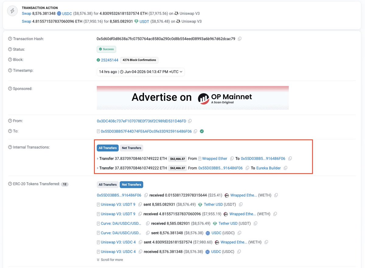 PeckShieldAlert's tweet photo. #PeckShieldAlert An Ethereum MEV bot just accidentally tipped a random user 167 $ETH (worth ~$300K) https://t.co/hzuxzIa5pP