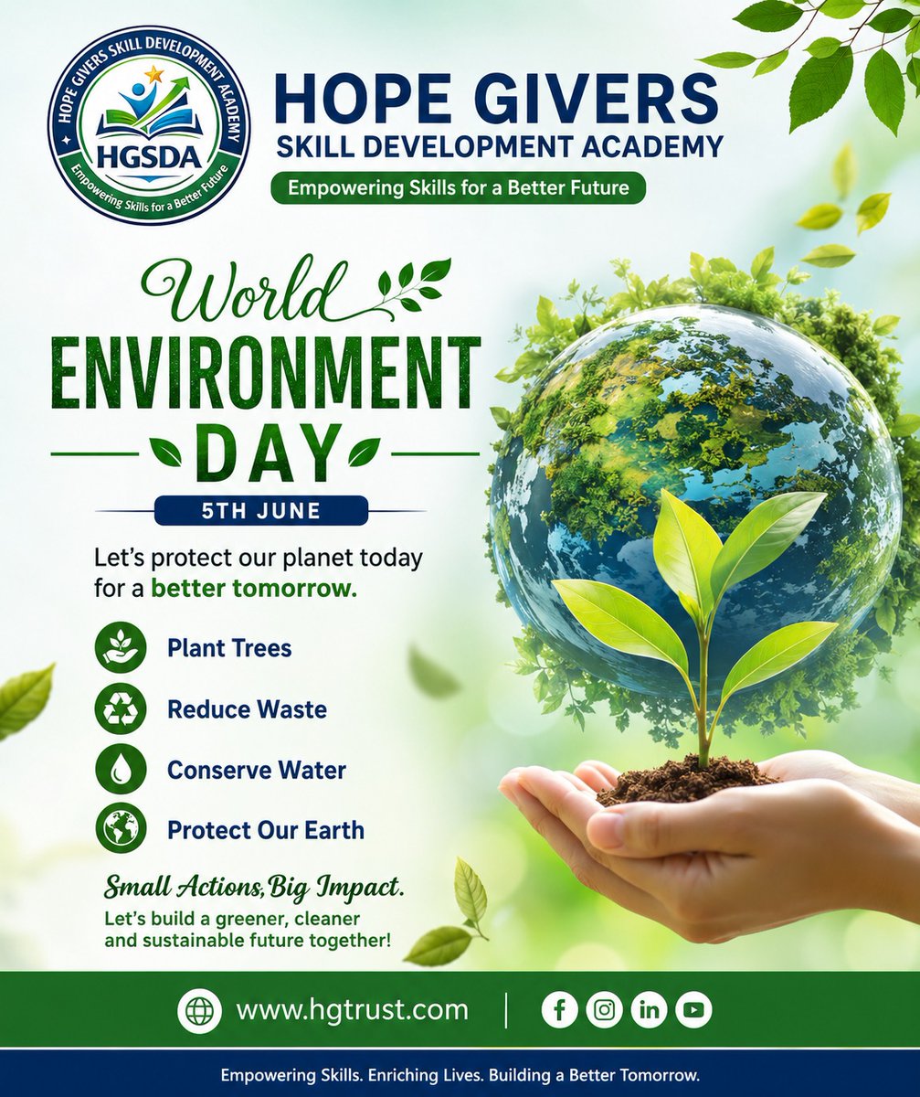 HopeGiversSDA's tweet photo. #World_Environment_Day_2026
On World Environment Day, Hope Givers Skill Development Academy encourages everyone to take responsibility for protecting our planet.
#WorldEnvironmentDay #HGSDA #SaveEnvironment #GoGreen #PlantTrees #ReduceWaste #ConserveWater #ProtectEarth https://t.co/ycNufeivxA
