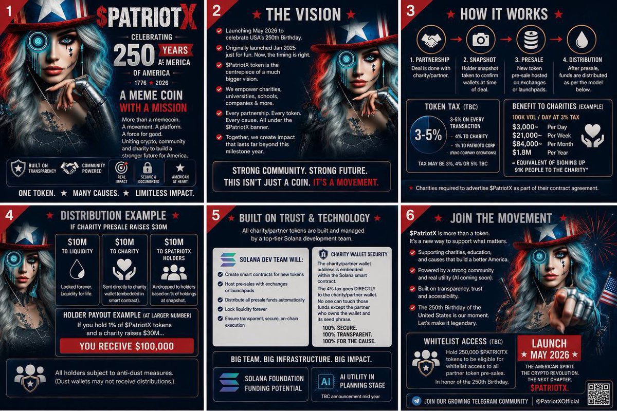 PatriotXAI's tweet photo. https://t.co/fSF2pysEO2 Let’s Join Forces 🙌🏻💯🙌🏻 $PatriotX 🇺🇸 Token 🌕 Philanthropy in Motion 🌪️ | Crypto Powered Charity 🤝Partner 4 Institutions | USA 250 Yrs! 1776~2026 🇺🇸🏦🎗️https://t.co/NUnYQwQrGK 

We R Looking 4 https://t.co/2Bg9Lfbsvg & https://t.co/I0BMIFXyaC & ANY Other Substantial Charities & Any Caring Corporations & Any Sincere Multi~Millionaire/Billionaire Philanthropists & Any Exceptional Educational Institutions with “Significant”, “Purposeful” & Exceedingly “Worthwhile” Causes to Partner with in order to “Harness the Power” 💪🏻 of Cryptocurrency & EXPONENTIALLY BOOST UR BOTTOM LINES 4 UR BENEFICIARIES! 🎗️💯💞 

Quite frankly, it’s a no-brainer! 🤔😏💯😎💲

After years of significant marketing and advertisements across social media of all types and television, and even print ~ most of these institutions have reached a plateau in their monetary ability to raise significant additional funds! We aim 🎯 to change this dilemma and create a new paradigm given the tremendously pro cryptocurrency atmosphere that has developed over the last year and a half! 🇺🇸✨🏦

We are in consultation and cooperation directly with the largest Blockchain by volume in the world ~ Solana! Solana meets & exceeds present day requirements for speed, security & infrastructure ~ And with their help directly and some of the largest & most reputable Solana developers and smart contract creators in the 🌎 world, we intend on facilitating, charitable, cryptocurrency launches for a plethora of these organizations with a 4% tax on every buy & sell in perpetuity benefitting the participating organizations. $1 million in volume daily, which is conservative generates $40,000 per day for the beneficiaries or $280,000 per week or $1.2 million per month! And these are VERY conservative numbers! And on a $30 million pre-sale raise at least 1/3 of those funds or at least $10 million will go directly to the philanthropic organization before the token even launches! 🚀 

PLEASE LISTEN TO THE TWITTER SPACES THAT I DO REGULARLY AND PLEASE GET IN TOUCH WITH ME THE MOST FULLY DOXXED FOUNDER IN THE HISTORY OF A LOW MARKET CAP TOKEN! Bill Roberts 1-617-888-8658 TYSM ~ I am available 24/7 except when I’m sleeping of course LOL! 😏😃😊

Symbolic NEW 🆕 Charity Wallet Created Starting w/$21 🍀 of Solana/Wallet Address: 6vFqjTttLQ6nQcrS1tyxMbYsDokNy2HZL7VVC2cTGZv7 ~ OUR FIRST PARTNER WILL RECEIVE THE PROCEEDS FROM THIS WALLET AS A SYMBOLIC GESTURE OF KINDNESS & FRIENDSHIP FROM US! PLEASE FEEL FREE TO CONTRIBUTE! 🎗️❤️🎗️

$PATRIOTX TOKEN HOLDERS WILL BE A PART OF THIS WHOLE PROCESS STARTING WITH OUR FIRST PARTNER AND OUR 100TH PARTNER & BEYOND! THE % OF $PATRIOTX TOKENS YOU HOLD REFLECTS YOUR PORTION OF THE SHARED PRE-SALE MONEY RAISED & IF YOU HOLD A MINIMUM OF 250,000 $PATRIOTX TOKENS, YOU WILL HAVE EXCLUSIVE RIGHTS TO THE WHITELISTED PORTION OF ALL PRE-SALES GOING FORWARD! 

PLEASE GET IN TOUCH WITH ME, BILL ROBERTS FROM MIAMI BEACH AND PLEASE LISTEN TO THE TWITTER/X SPACES THAT I DO REGULARLY! TYSM! 1-617-888-8658

https://t.co/pdqkO3ffGu

https://t.co/YNP8Ylw43i

https://t.co/ODGaDnf2H7

🇺🇸🎉🇺🇸🎉🇺🇸🎉🇺🇸
$PatriotX | Crypto Powered Charity Partner for Institutions | Honoring USA 250 Years! 1776~2026
🇺🇸 🎉🏦🎗️🙌🏻🌴😎
https://t.co/KfAaAJ39PD
https://t.co/kcRr8joSMc
https://t.co/Yrgy6flm5z

$PATRIOTX 🇺🇸 SOL CA:
AxmfsB1bSjCrxaNRToRNpZ1CibivDzFdja75PdNKpump

https://t.co/9bTIbnzJRi

@Amystreet @SuperteamUSA @NickyScanz @solana @Pumpfun @PumpfunEco @a1lon9 @toly @RaydiumEco @0xINFRA @lynk0x @GordonGekko @JakeGagain @Davincij15 @phantom @mauricedotxyz @solflare @SolflareEmpire @JerryKatzCEO @KryptonCalls @Crypto_Reaction @cryptocom @binance @EricTrump @realDonaldTrump @DonaldJTrumpJr @CoinMarketCap @coinbase @krakenfx @Bybit_Official @Gemini @okx @MEXC @Gate @BitMartExchange @TimDraper @RainsRevenge @sophieraiin @trw_tate @Cobratate @stoolpresidente @StooliesClub @stoolgambling @VivaLaStool @DraftKings @coingecko @CoinDesk @Cointelegraph @coinsolmaxi @UseCoinbarrel