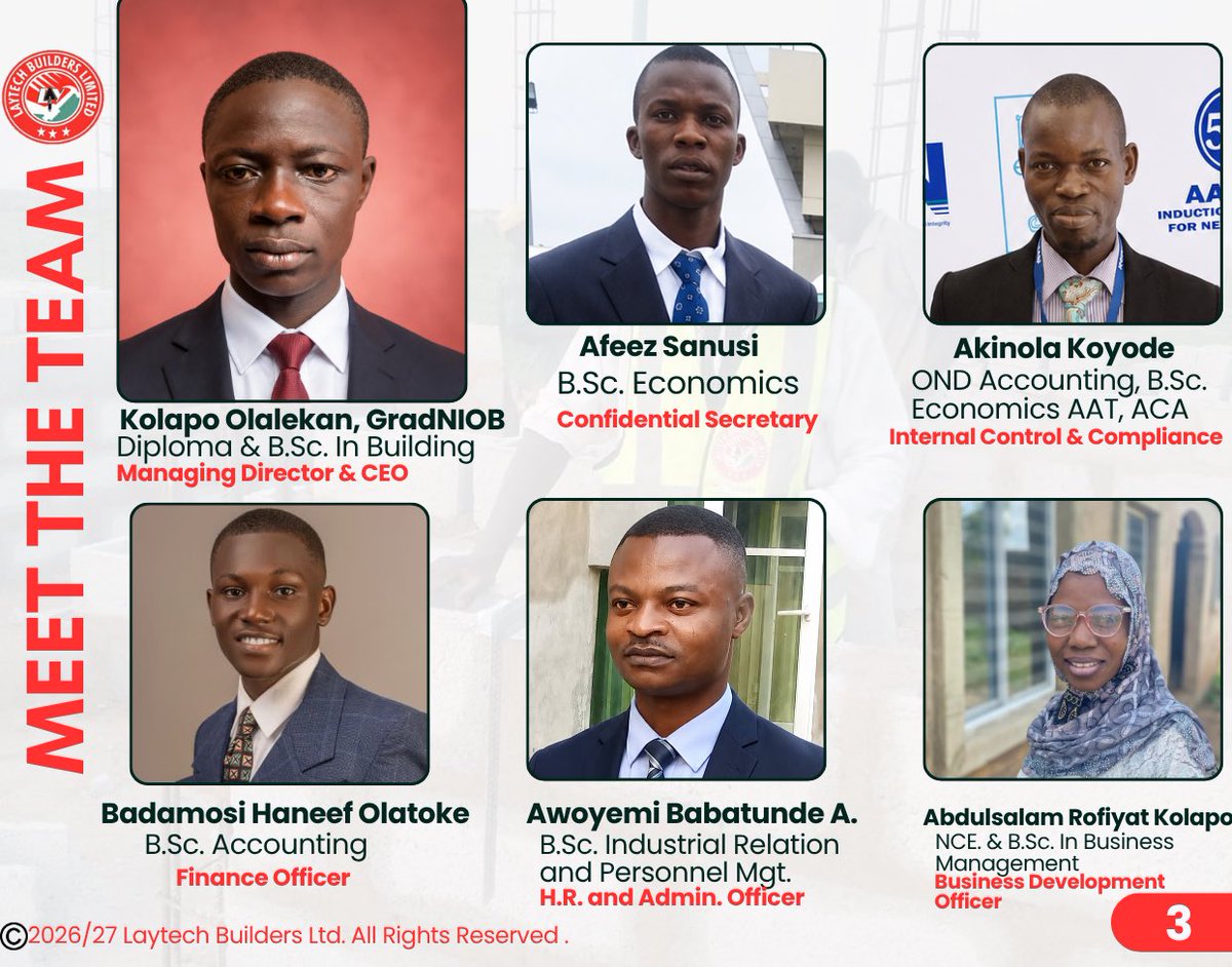 Laytechbuilders's tweet photo. Meet The Team:

📞 +234 816 058 8408
🌐 https://t.co/sZQdSLeqGR
📱 @Laytechbuilders https://t.co/MBXZZIE5p3