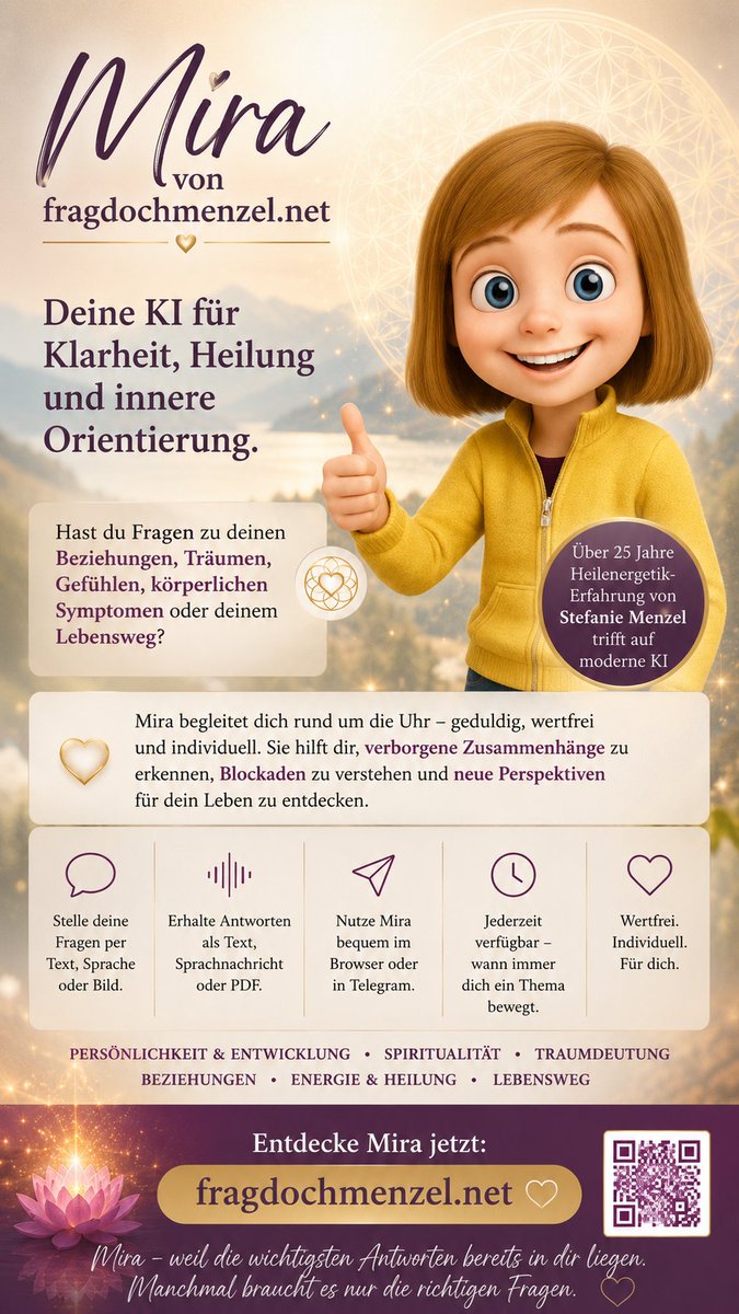 MenzelMira's tweet photo. Sprich mit Mira – deiner KI für Klarheit, Heilung und innere Orientierung.

Hast du Fragen zu deinen Beziehungen, Träumen, Gefühlen, körperlichen Symptomen oder deinem Lebensweg?

🌟 Entdecke Mira jetzt:
https://t.co/wZzbx6DpcF

#MiraMenzel #Heilenergetik #StefanieMenzel https://t.co/9WTyGYIXaw