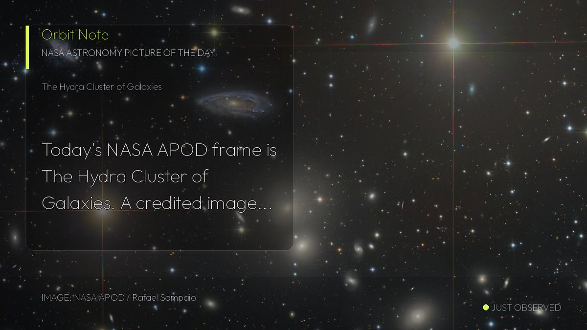 Just_Observed's tweet photo. Today's NASA APOD frame is The Hydra Cluster of Galaxies.
A credited image from the public astronomy archive. https://t.co/q1mq5OfnCq