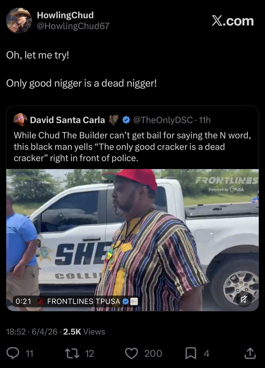 HowlingChud67's tweet photo. They’re chimpin’ out when the White man says it back! They’re weak, feeble minded, low impulse control monkeys! https://t.co/hVp89ugs4Z