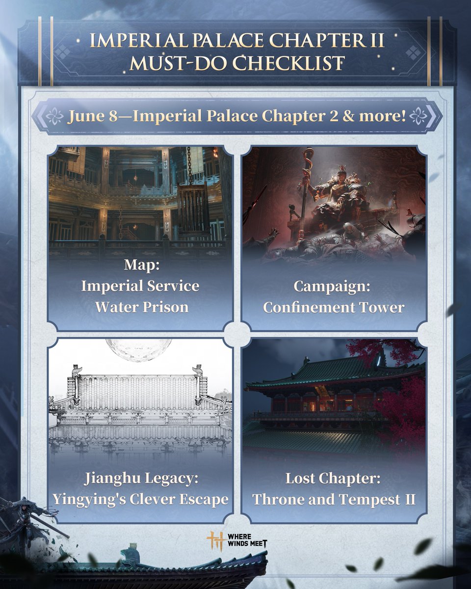 WhereWindsMeet_'s tweet photo. Imperial Palace Chapter 2: Must-Do List
⭐️New Area: Imperial Service Water Prison 
⭐️New Campaign: Confinement Tower 
⭐️New Jianghu Legacy: Yingying's Clever Escape 
⭐️New Lost Chapter: Throne and Tempest Ⅱ 
#WhereWindsMeet https://t.co/rA5i27zNB9