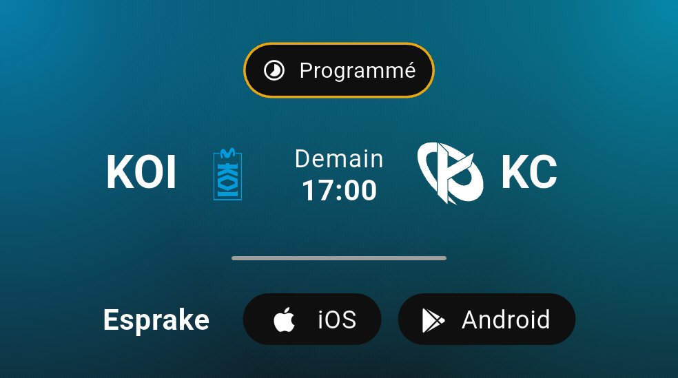Thomas_Frra's tweet photo. @MovistarKOI vs @KarmineCorp c'est demain à 17h ! (Playoffs LEC)
#KCWIN https://t.co/EvicJWLsel