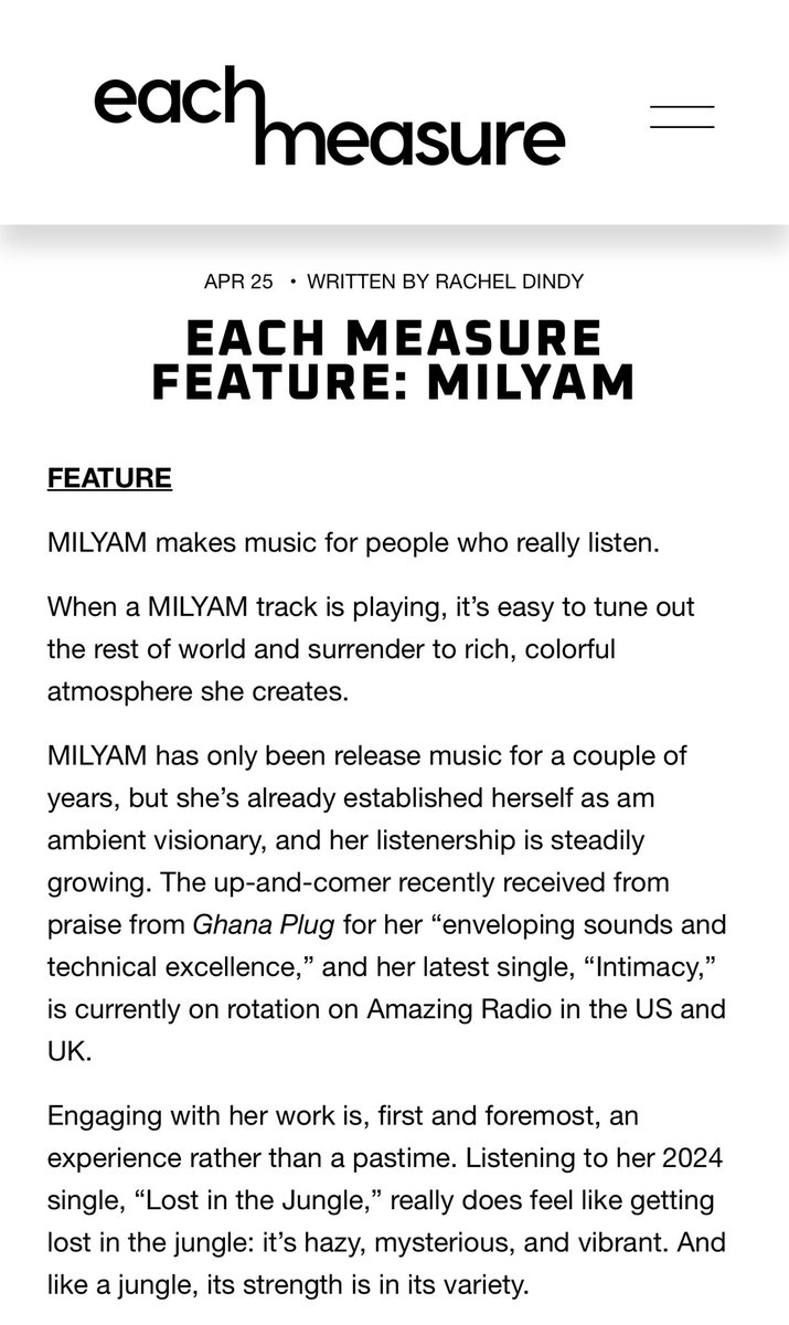 iammilyam's tweet photo. "MILYAM makes music for people who really listen." — so honored to be featured on Each Measure. Thank you Rachel Dindy for such a profound understanding of my vision. 🌌

https://t.co/mqdCQqqxPI

#MILYAM https://t.co/jHnPrypjUJ