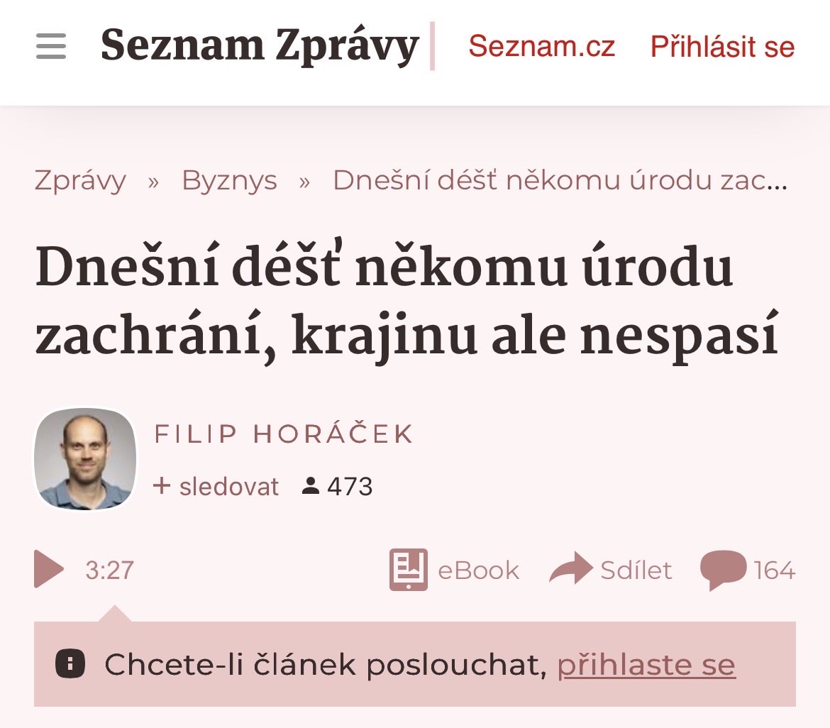 ObcanZ's tweet photo. Horáček ze Seznamu před pěti dny mudroval, že málo prší a jeden déšť je k ničemu. Prostě bude jen sucho a musíme přestat jíst maso a jezdit autem. Od té doby pršelo vícekrát. Ale to už raději nic nepsal. Seznam je žumpička. https://t.co/spZ0512BlI