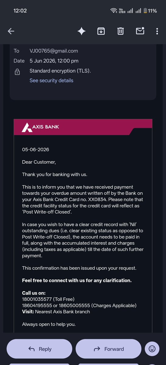 Knownvj's tweet photo. @AxisBankSupport You guys told me to pay 1274 to make it Report as Clear normal in CIBIL... Now again i got mail stating it will reflect post write off closed !!???? Why so much miss information @AxisBankSupport @AxisBank worst bank https://t.co/TWHLnLDJmm