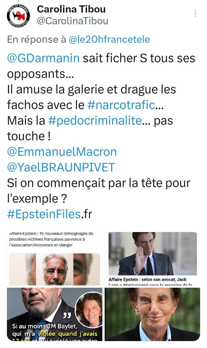 CarolinaTibou's tweet photo. @achabussuspendu @SMagistrature #ecoterrorisme ✅ 
#narcotrafic ✅ 
#pedocriminalite ❌
#EpsteinFiles.fr ❌ https://t.co/bG0CUCZ5Ou