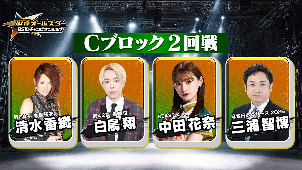BS10_MahjongCS's tweet photo. ／
#プロ野球交流戦 の後は、、、
#BS10チャンピオンシップ 明日よる7時 生放送📺
＼

6/6(土) Cブロック2回戦🔥
#BEASTX より #中田花奈 選手が初戦を迎える🐾
#Mリーガー 勢揃い🀄️
週末に麻雀観るなら #BS10

#清水香織 
#白鳥翔 
#中田花奈 
#三浦智博 

視聴方法コチラ👇
https://t.co/o7aS4guGfU https://t.co/FnnI2NQDZz