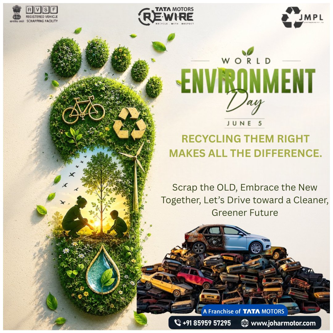TataRewireJMPL's tweet photo. This World Environment Day, let’s take mindful steps towards a better &amp; greener tomorrow and protect the planet we all call home.

पुरानीगाडी या स्क्रैप वाहन को बेचने के लिए अभी संपर्क करें - +918595957296

#WorldEnvironmentDay #environnementday #TataRewireJMPL #GreenGoodbye https://t.co/1pF0Vzkuaj