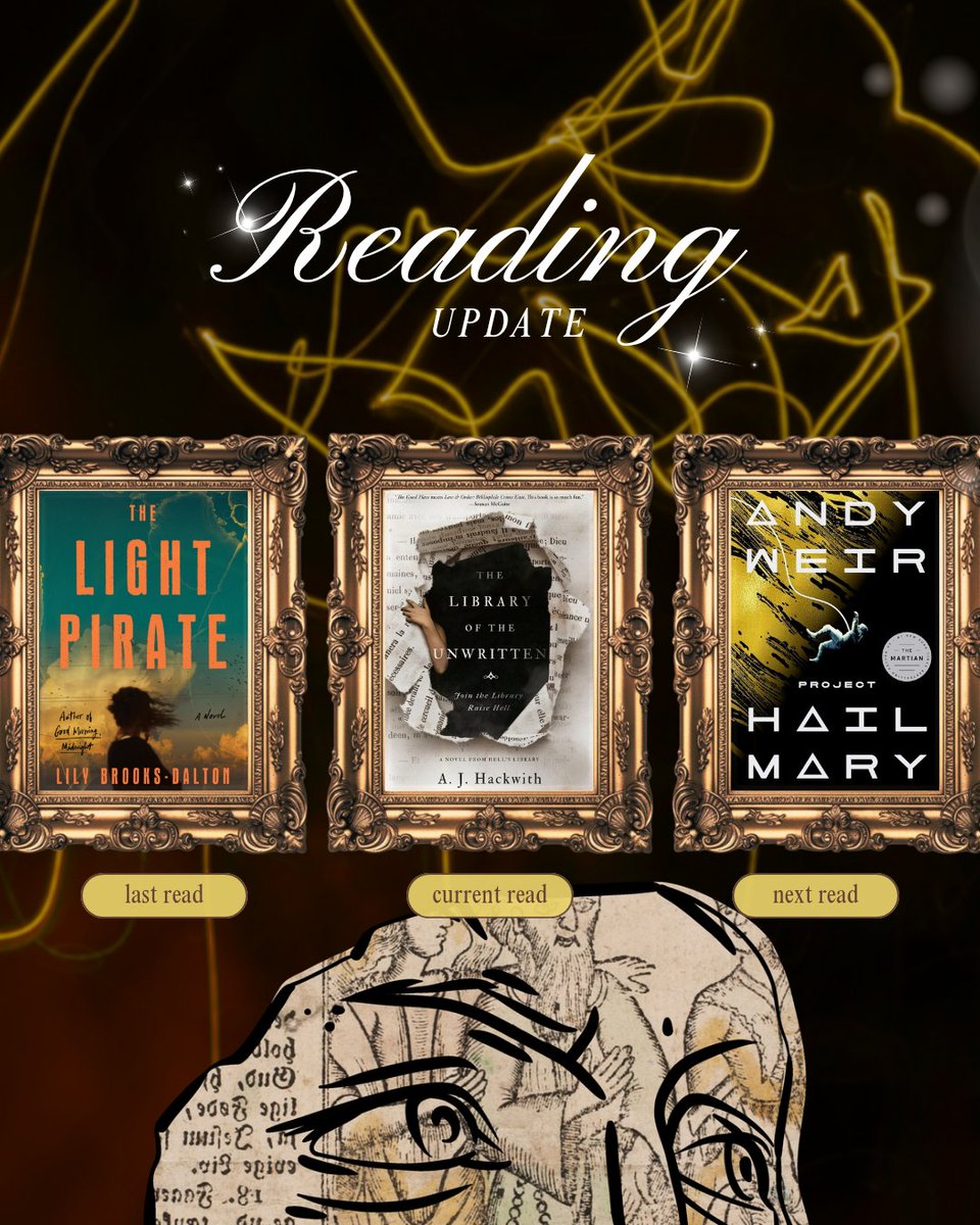 AMaskley's tweet photo. Reading update! I really enjoyed The Light Pirate by Lily Brooks-Dalton, a dystopian climate fiction set in Florida. I'm currently a quarter through The Library of the Unwritten, &amp; I look forward to jumping on the bandwagon (late? lol) with Project Hail Mary. What're you reading? https://t.co/tpufz9TD8q