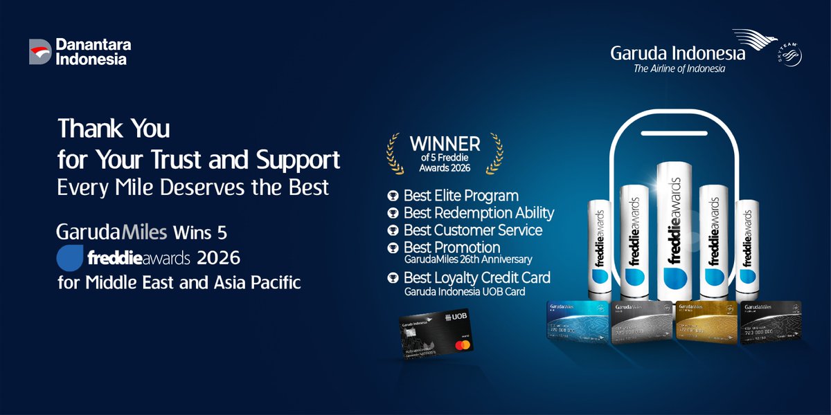 GarudaAustralia's tweet photo. We did it! 🎉

GarudaMiles  is proud to be recognised at the Freddie Awards 2026 for the Middle  East &amp; Asia Pacific region, with five prestigious awards:
🏆 Best Elite Program
🏆 Best Redemption Ability
🏆 Best Customer Service
🏆 Best Promotion
🏆 Best Loyalty Credit Card https://t.co/F1cfCybpsd