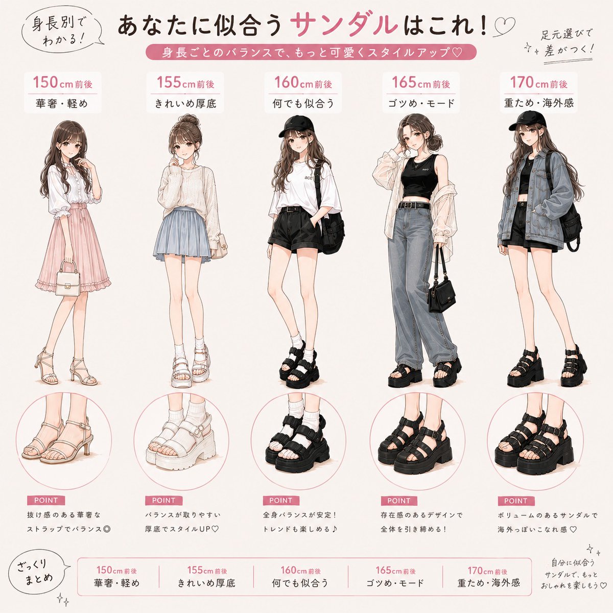 sele_princessm's tweet photo. 足元は身長に合わせるべし！
身長別おすすめサンダルまとめた！(PR)