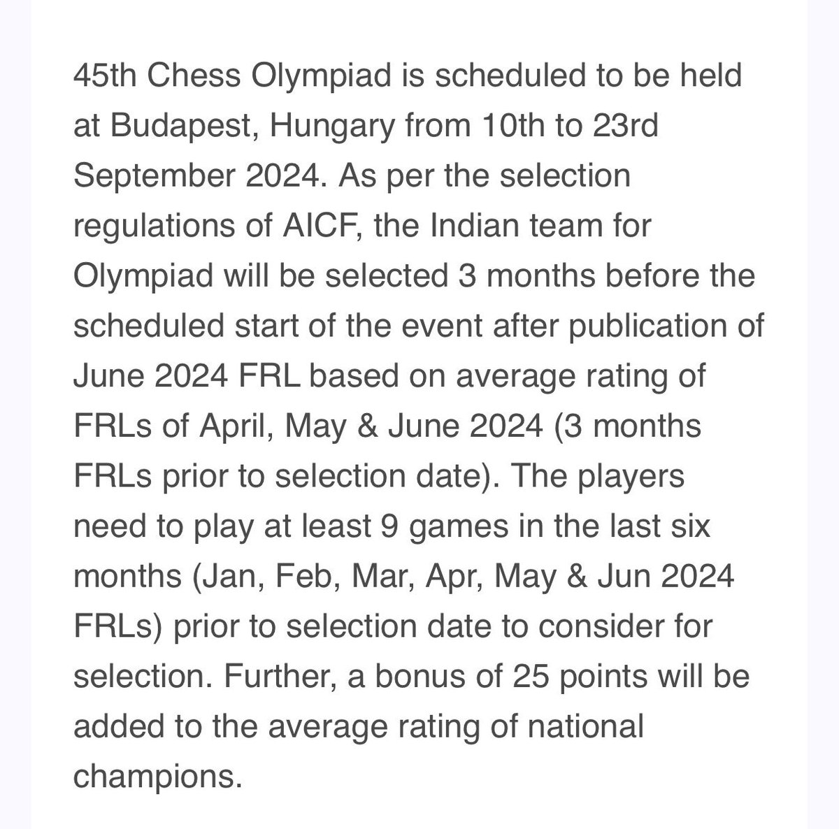 dipnuls's tweet photo. @HeeZG0ne @ChessbaseIndia I am happy that Vidit is playing but he is probably just playing exactly what’s required for activity as per AICF. This was 2024 criteria. https://t.co/gE9RXUMdYg