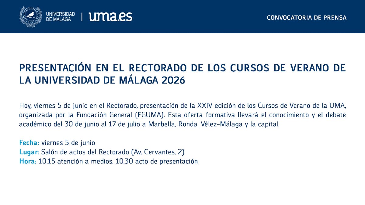 InfoUMA's tweet photo. 📰| Hoy viernes, en el Rectorado, presentación de la XXIV edición de los Cursos de Verano de la UMA, organizada por la @fguma.

Esta oferta formativa llevará el conocimiento y el debate académico del 30 de junio al 17 de julio a Marbella, Ronda, Vélez-Málaga y la capital. https://t.co/Lvpmw1YccV
