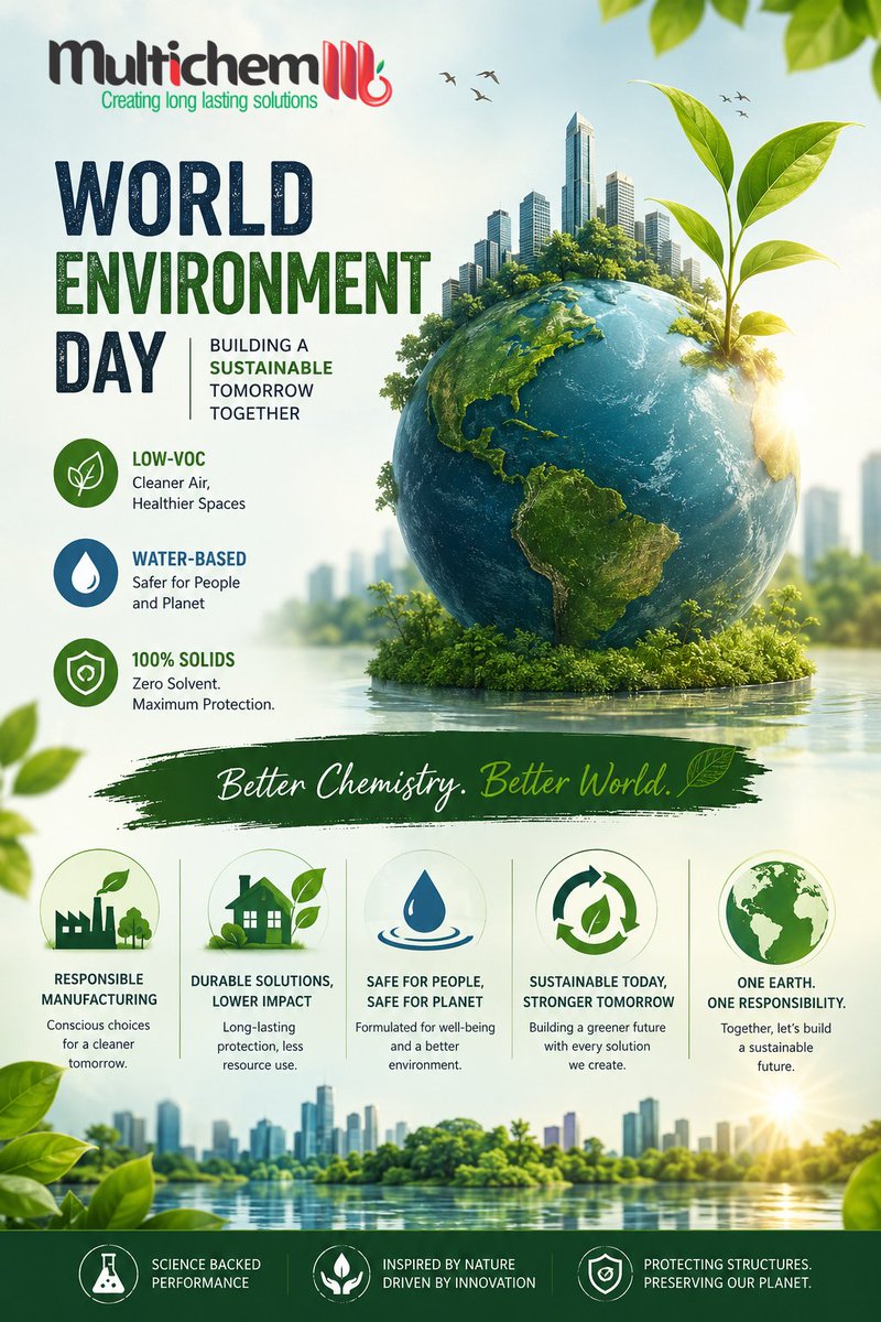 multichem_group's tweet photo. Responsible Today. Sustainable Tomorrow.⚡🌳☀️

#WorldEnvironmentDay #ConstructionChemicals #GreenConstruction #SustainableConstruction #BuildingMaterials #ResponsibleManufacturing #LowVOC #WaterBased #GreenBuildings #SustainableBuildings https://t.co/oflN4bzQi4