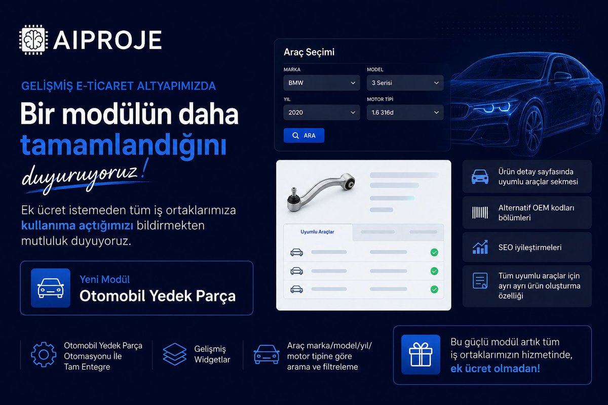 TlCARET's tweet photo. AIPROJE Otomobil Yedek Parça Modülü'nü tüm iş ortaklarımız için ek ücret olmadan kullanıma açtık.

✅ Araç bazlı filtreleme
✅ Uyumlu araç listeleri
✅ OEM kod yönetimi
✅ SEO optimizasyonları
✅ Tam otomotiv entegrasyonu
Otomotiv yedek parça e-ticaretinde yeni standart. 🚀 https://t.co/e9ZYTcP1Tl