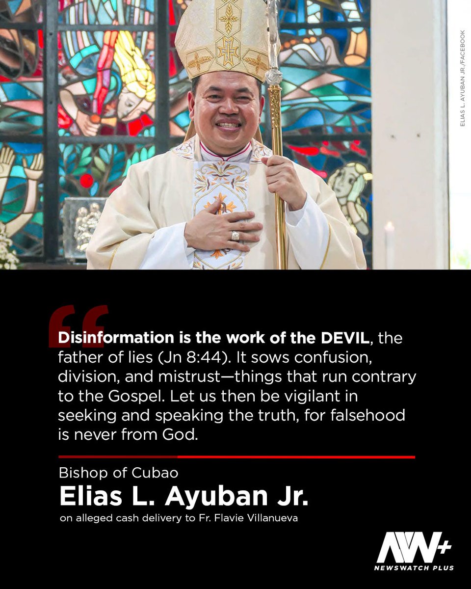 newswatchplusph's tweet photo. ‘DISINFORMATION IS THE WORK OF THE DEVIL’

READ: Elias Ayuban Jr., bishop of Cubao, clarified that there is no Society of the Divine Word (SVD) church along Mindanao Avenue after a witness alleged that he delivered cash to Fr. Flavie Villanueva there.

Joely Cadiao, a witness in the Cayetano-led hearing on Thursday, June 4, claimed that he delivered an envelope of cash to a church along Mindanao Ave. connected to Villanueva, a member of the SVD. He also alleged that he delivered a suitcase of money to the priest’s car.

Ayuban pointed out that in the Diocese of Cubao, the only SVD churches are the Sacred Heart Parish-Shrine in Kamuning, the Sto. Niño de Violago Quasi-Parish, and the Divine Word Shrine along E. Rodriguez Avenue.