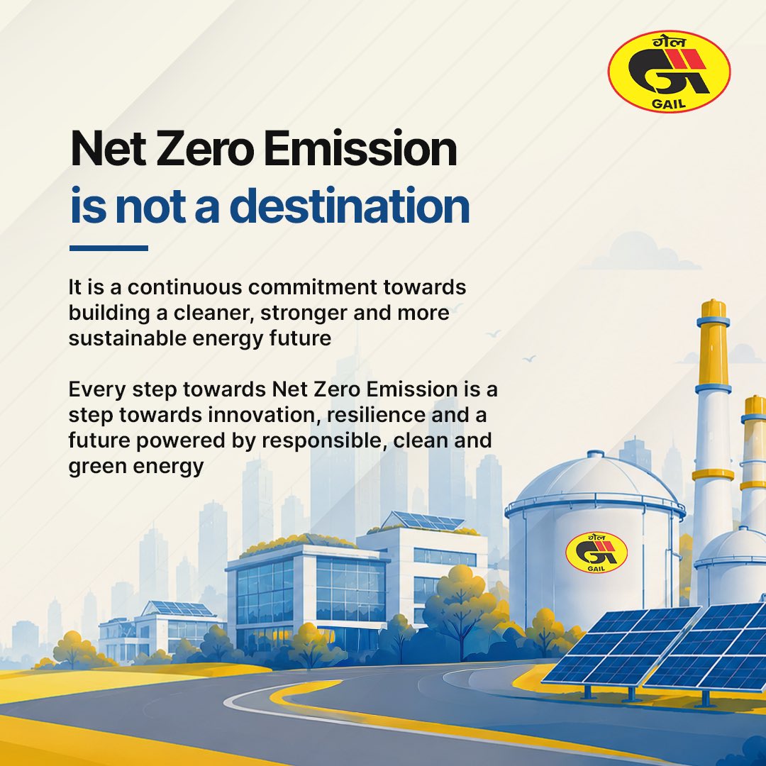 CMD_GAIL's tweet photo. On World Environment Day, we reaffirm GAIL's ambition for Net Zero Emission and our commitment to advancing India's sustainable energy transition.

Inspired by Nature. For Climate. For Our Future.

Nature demonstrates the power of balance, resilience, and renewal. Drawing inspiration from these principles, GAIL is accelerating its journey towards a lower-carbon future through investments in Renewable Energy, Electrification, Energy Efficiency, Compressed biogas, Green Hydrogen and CO₂ Valorization.

By advancing our emission reduction targets and embedding sustainability across our operations, we are creating long-term value for the nation, with significant CapEx investment. 

Net Zero Emissions is not a destination. It is a continuous commitment towards innovation, resilience, and responsible growth. Every step towards Net Zero Emissions is a step towards a stronger tomorrow powered by responsible, clean, and green energy.

#WorldEnvironmentDay #TowardsNetZero #EnergizingPossibilities

@HardeepSPuri 
@TheSureshGopi 
@neerajmittalias 
@PetroleumMin 
@gailindia