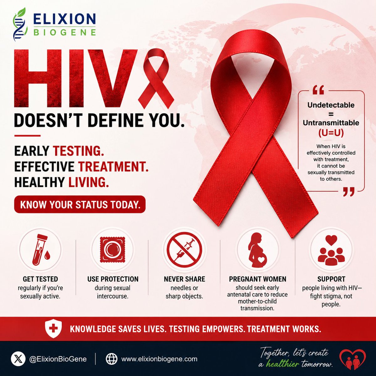 ElixionBioGene's tweet photo. HIV doesn't define you. Knowing your status can change your future.
Test. Treat. Thrive.
#HIVAwareness #KnowYourStatus #ElixionBiogene https://t.co/9rCRJ5TYc5