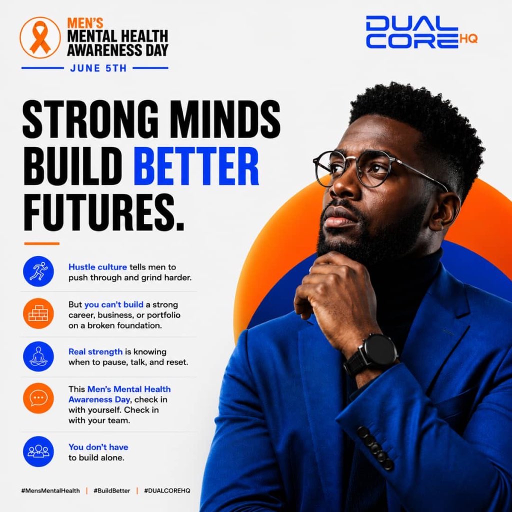 dualcorehq's tweet photo. Behind every launch is a man carrying more than he says out loud.

This #MensMentalHealth Awareness Day:  
Strength isn’t silence. It’s having the courage to pause, speak, and be human.

Check in with yourself. Check in with your brother.  
You don’t have to build this alone. https://t.co/i0Y4mNyVzX