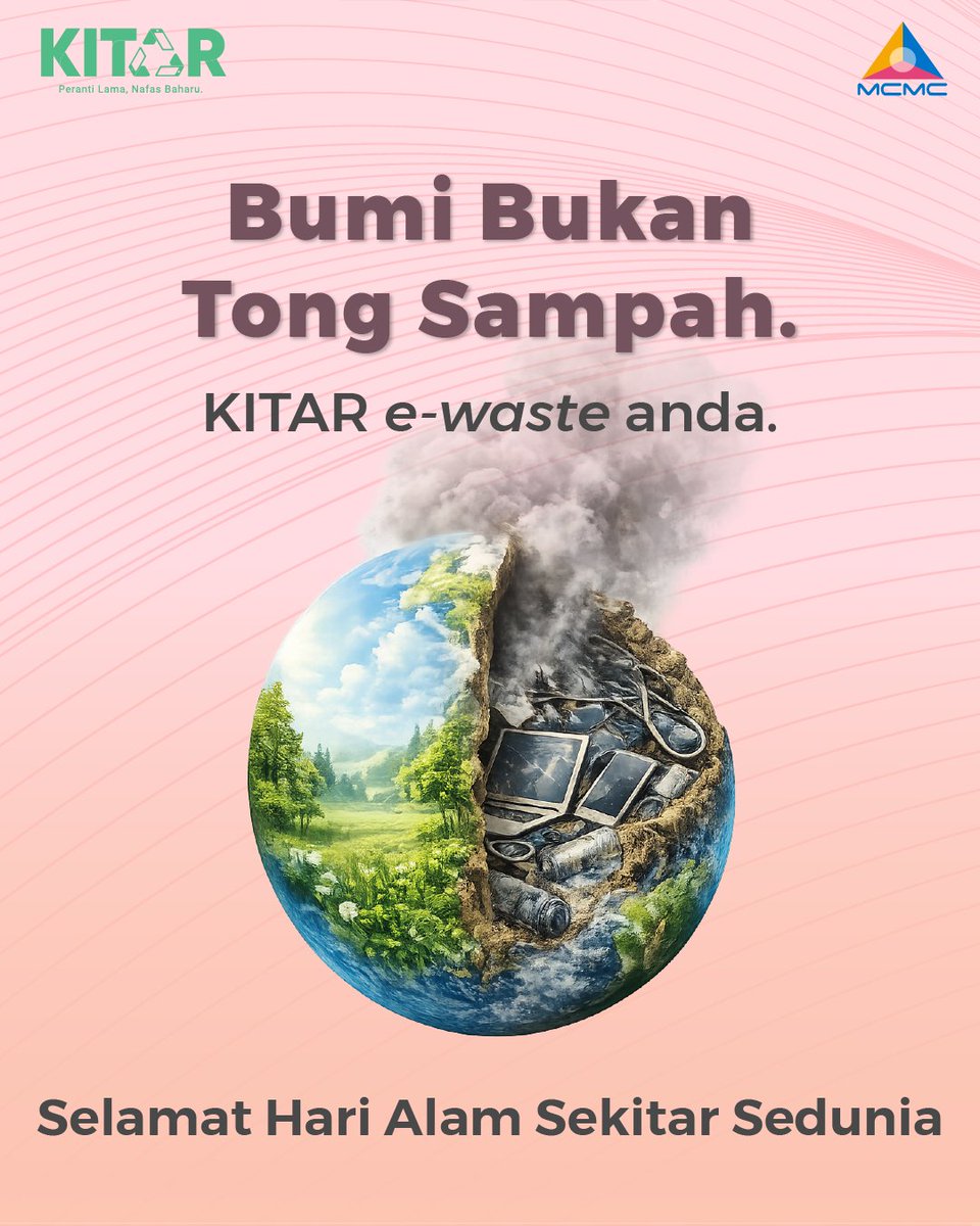 kitar_mcmc's tweet photo. Apa yang kita buang hari ini, mungkin kekal bersama bumi untuk bertahun-tahun lamanya. 🌏

E-waste yang tidak dilupuskan dengan betul boleh mencemarkan alam sekitar dan memberi kesan kepada generasi akan datang.

Sempena Hari Alam Sekitar Sedunia, mari mulakan dengan langkah yang mudah:

♻️ Asingkan
♻️ Kumpulkan
♻️ KITAR

Kerana bumi ini bukan tempat pembuangan e-waste. Setiap tindakan kecil hari ini membawa perubahan besar untuk masa depan. 💚

#mobileewaste #KITARMCMC #KITARuntukKITA #JomKITAR #HariAlamSekitarSedunia
#WorldEnvironmentDay