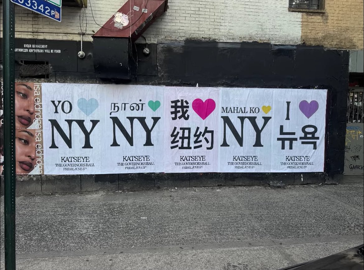 NewsKatseye's tweet photo. New KATSEYE posters in Spanish, Tamil, Chinese, Tagalog, and Korean can be found in New York ahead of the their upcoming ‘Gov Ball’ performance. https://t.co/ty1mltIrUh