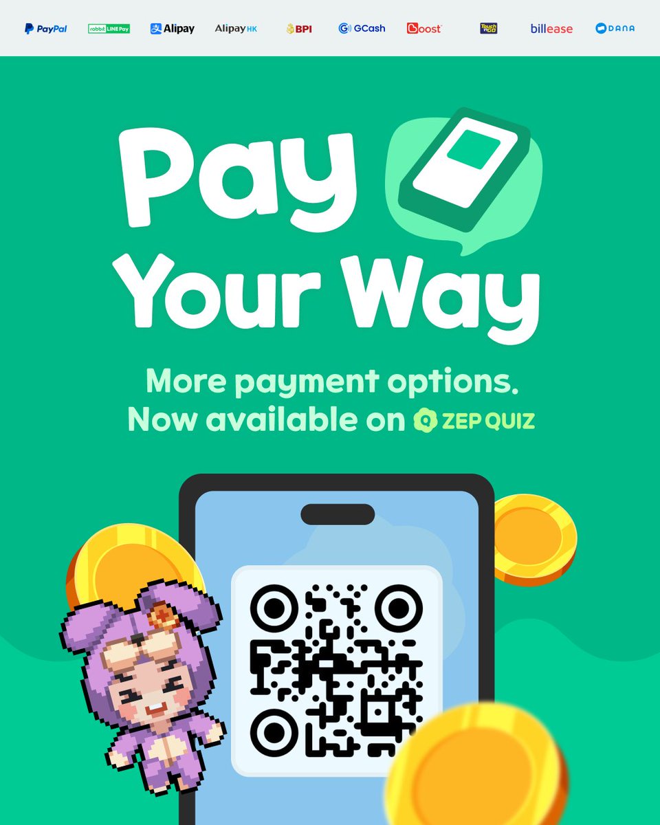 ZEPQUIZ's tweet photo. 🌎 More payment options are now available on ZEP QUIZ.

We've expanded our payment options across multiple regions, including LINE Pay, GCash, DANA, and more.

Explore ZEP QUIZ Pro: https://t.co/aoQ5BCLIf4

*Available payment methods may vary by country or region. https://t.co/WqOW3OmNpl