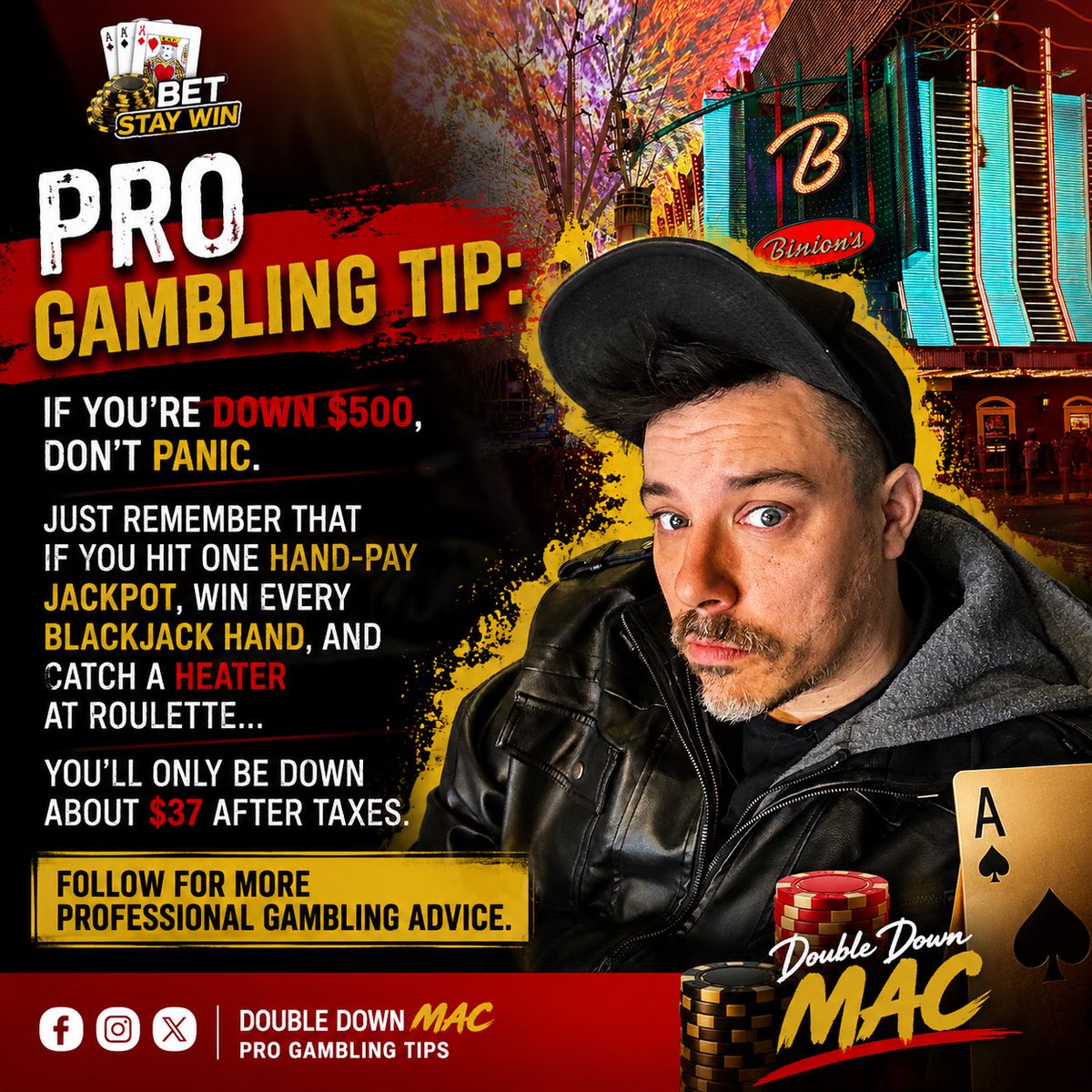 doubledownmac's tweet photo. 😂 Pro Gambling Tip:

If you’re down $500, don’t panic.

All you need is one hand-paid jackpot, a perfect blackjack session, and a roulette heater.
👍 Sounds like a solid plan
❤️ Been there before
😡 That’s exactly how I got into this mess https://t.co/krI6n42GJA