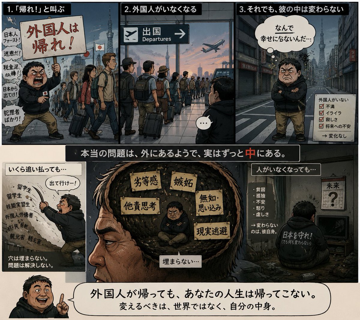 vplusasia's tweet photo. 「外国人は帰れ！」

外国人が帰った。

でも、

空っぽの人生は
そのままだった。

#帰れ https://t.co/JbbXOVKQLn