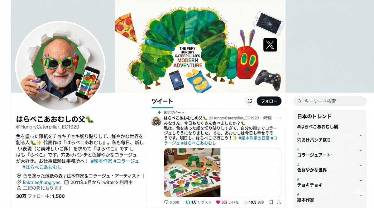 hashimura55's tweet photo. 【もし、エリック・カールがＸをやってたら】
子供から大人まで、みんな大好き『はらぺこあおむし』
７/26(日)まで東京都現代美術館で展覧会も開催されてます😊🎵 https://t.co/2bJtdqiBsb