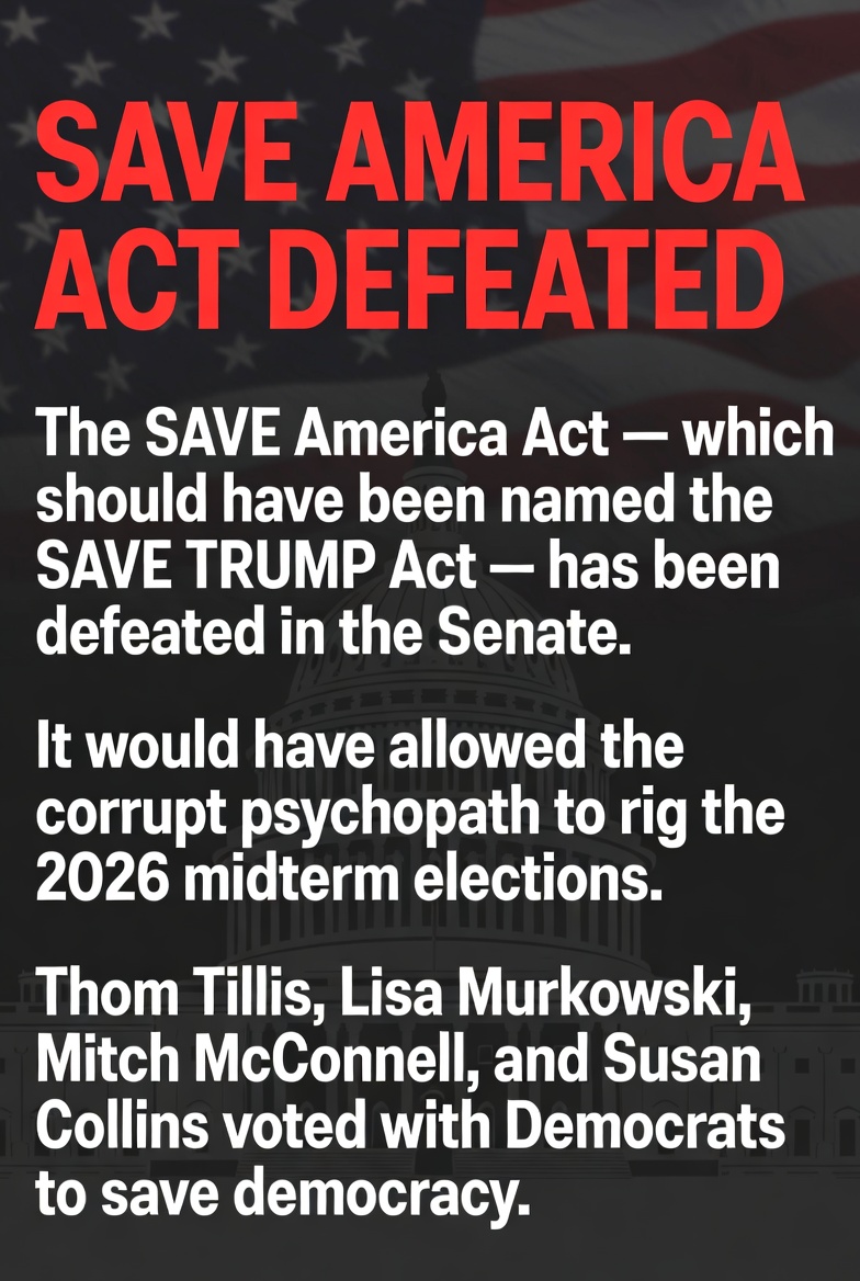 maddenifico's tweet photo. Democracy WINS, Trump and authoritarian fascism LOSE. The SAVE America Act has been defeated in the Senate. 🙌🙏💪✊🇺🇸 https://t.co/guZaz1pqF2