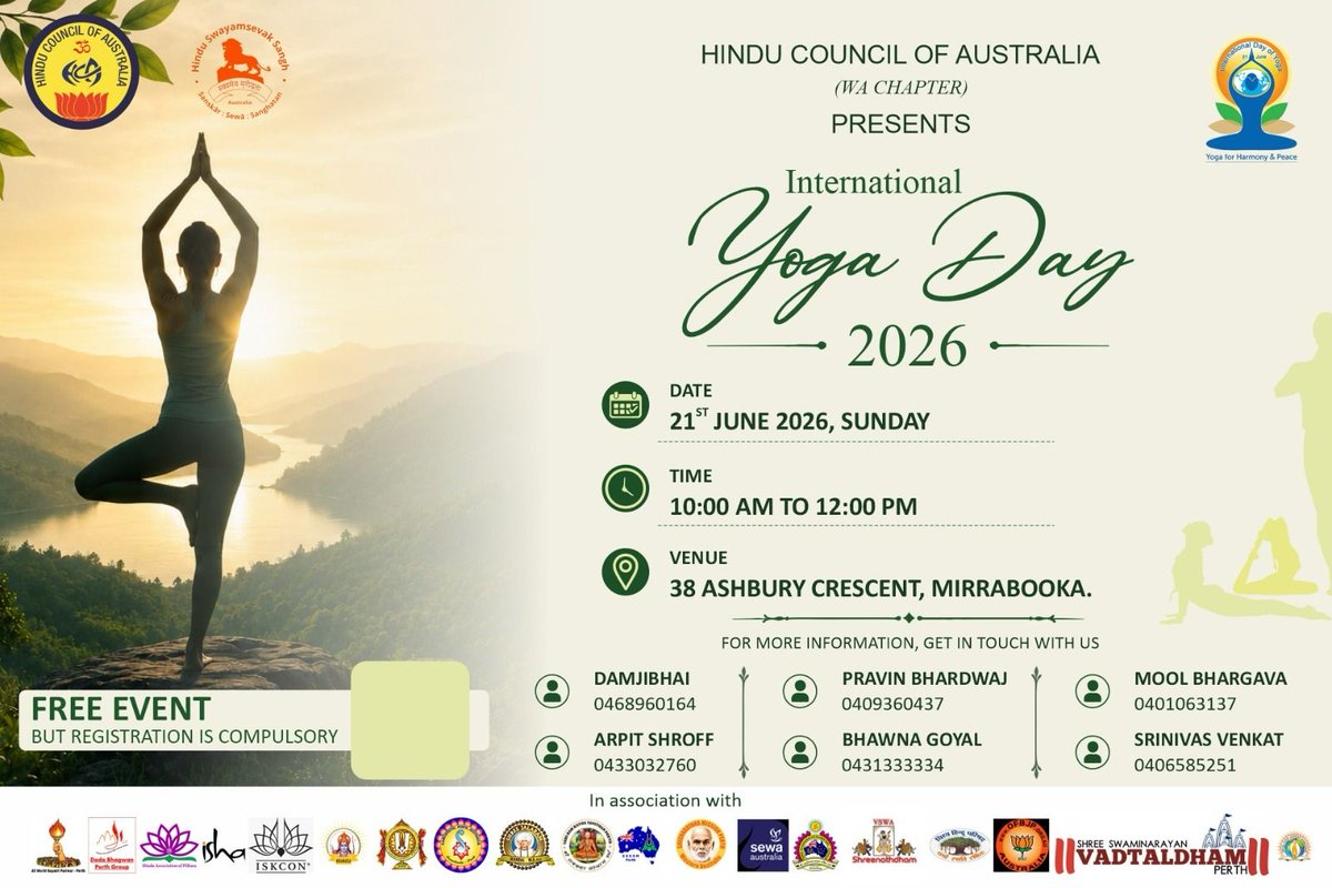 CGIPerth's tweet photo. 🧘‍♀️ #InternationalDayofYoga 2026 – Join Us for a Morning of Wellness &amp; Harmony with Hindu Council of Australia (WA Chapter)

📅 Sunday, 21 June 2026
⏰ 10:00 AM – 12:00 PM
📍 38 Ashbury Crescent https://t.co/E2PYSUqLXA