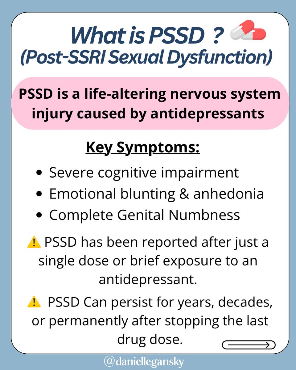 DanielleGansky's tweet photo. 💊PSSD is a life-altering nervous system injury induced by taking an antidepressant 

💊Cases have been reported after short-term exposure and even after a single dose.

➡️ for more info check out @PSSDNetwork https://t.co/WF7escRCkv