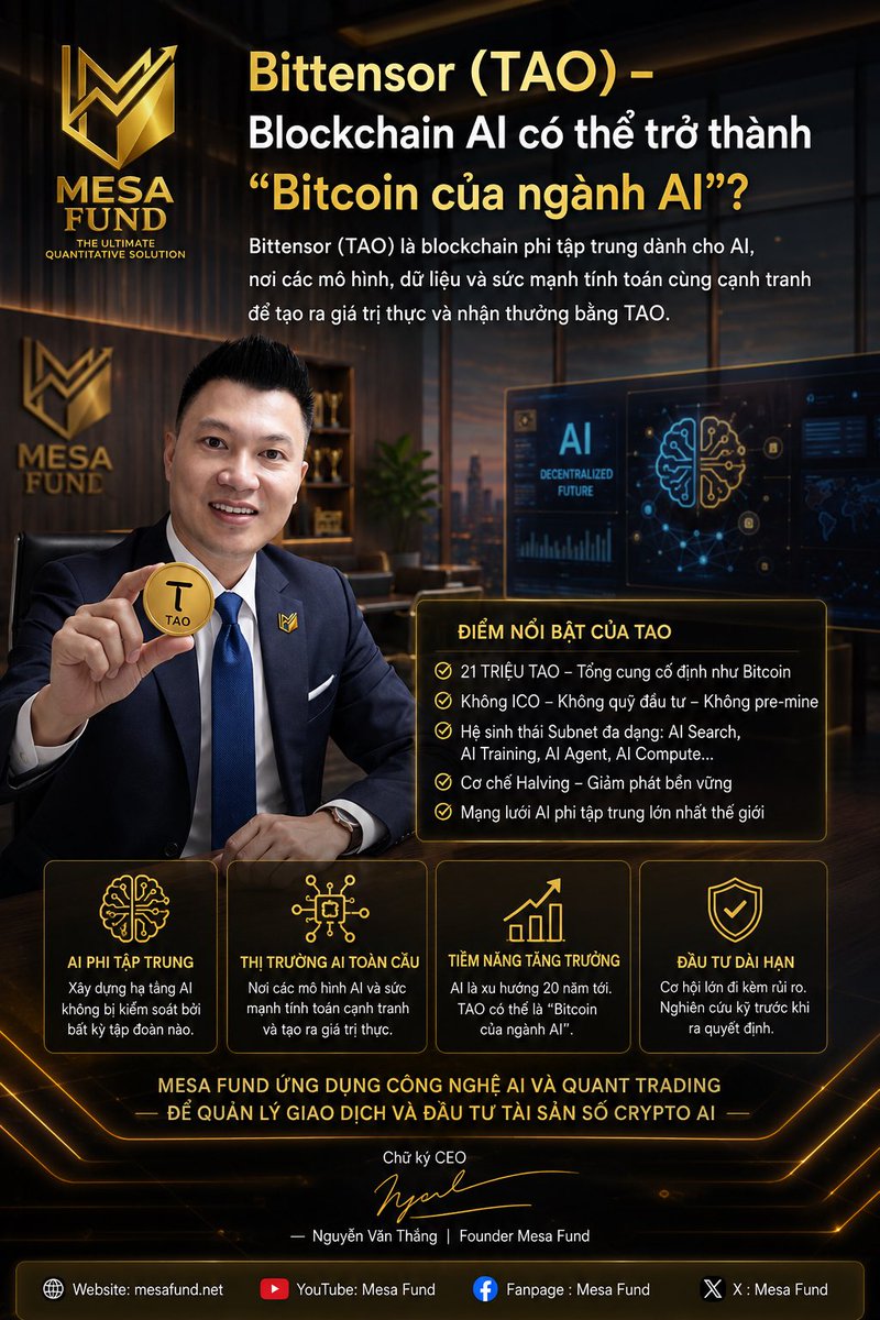 mesafund's tweet photo. 🚀 Bittensor (TAO) đang xây dựng một mạng lưới AI phi tập trung, nơi dữ liệu, mô hình AI và sức mạnh tính toán được trao đổi và tạo giá trị thực trên blockchain.

#MesaFund #NguyenVanThang #FounderMesaFund #Bittensor #TAO #BlockchainAI #AIBlockchain #AICrypto https://t.co/18BI8Z7GeB