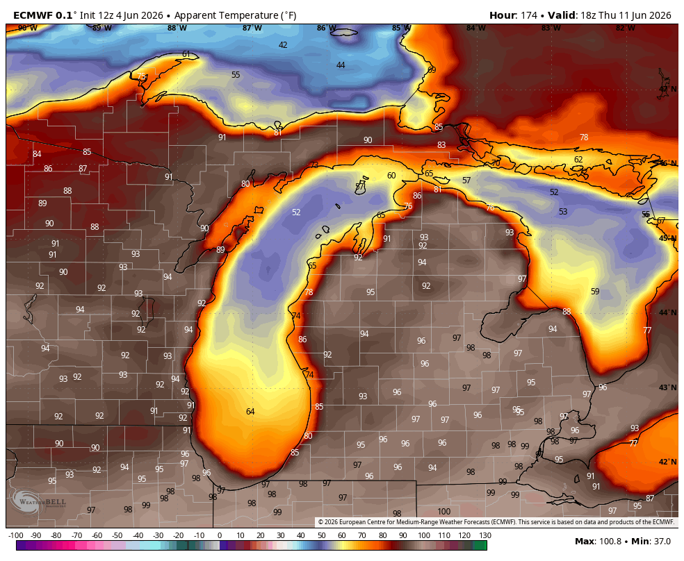 BlakeHansen19's tweet photo. Next weeks focus... building heat and humidity, especially late in the week. 

Ridging will reaffirm itself across the Great Lakes, which'll soar temperatures and a southerly flow will boost the humidity. It'll feel like a sauna! https://t.co/q4lfwm0GxD