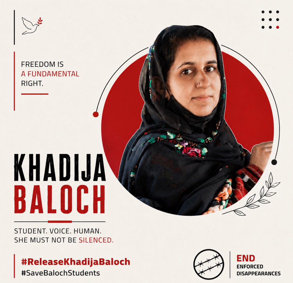ReleaseKhadija's tweet photo. خدیجہ بلوچ کی مبینہ جبری گمشدگی شدید تشویش کا باعث ہے۔ متعلقہ حکام ان کی فوری اورمحفوظ بازیابی کو یقینی بنائیں اور اہلِ خانہ کو درپیش بے یقینی کا خاتمہ کریں۔ہم تمام ذمہ دار اداروں سے اپیل کرتے ہیں کہ قانون، انصاف اور انسانی وقار کے تقاضوں کو پورا کرتے ہوئے فوری کارروائی کی جائے۔ https://t.co/nprducpJ7Z