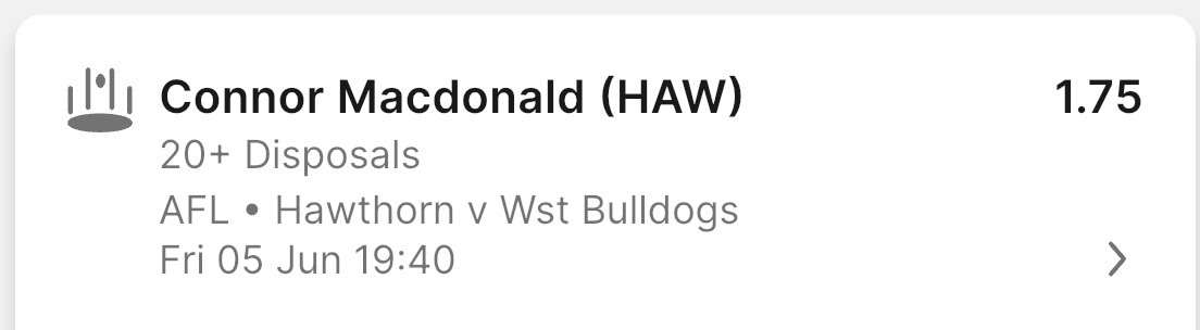 NumberNuffy's tweet photo. 2.25 Units

AFL
Hawks vs Dogs
Connor Macdonald 
19+ Disposals
@ $1.75
TAB

Analysis Below: Actually really like this spot for MacDonald for 20, but we can buy a disposal at TAB for 19. Had 23 against the dogs last time they played this year, and has hit this in 9 of his 12 games this season. The main factor though is seeing the similar players that have played against the dogs and what their numbers were. The high half forward role seems to be getting great numbers against the dogs. De Goey with 30, Warner with 20,  Papley with 23, Mannagh with 21, Ginni with 28 and Jagga with 25. Only need 19 here from MacDonald.