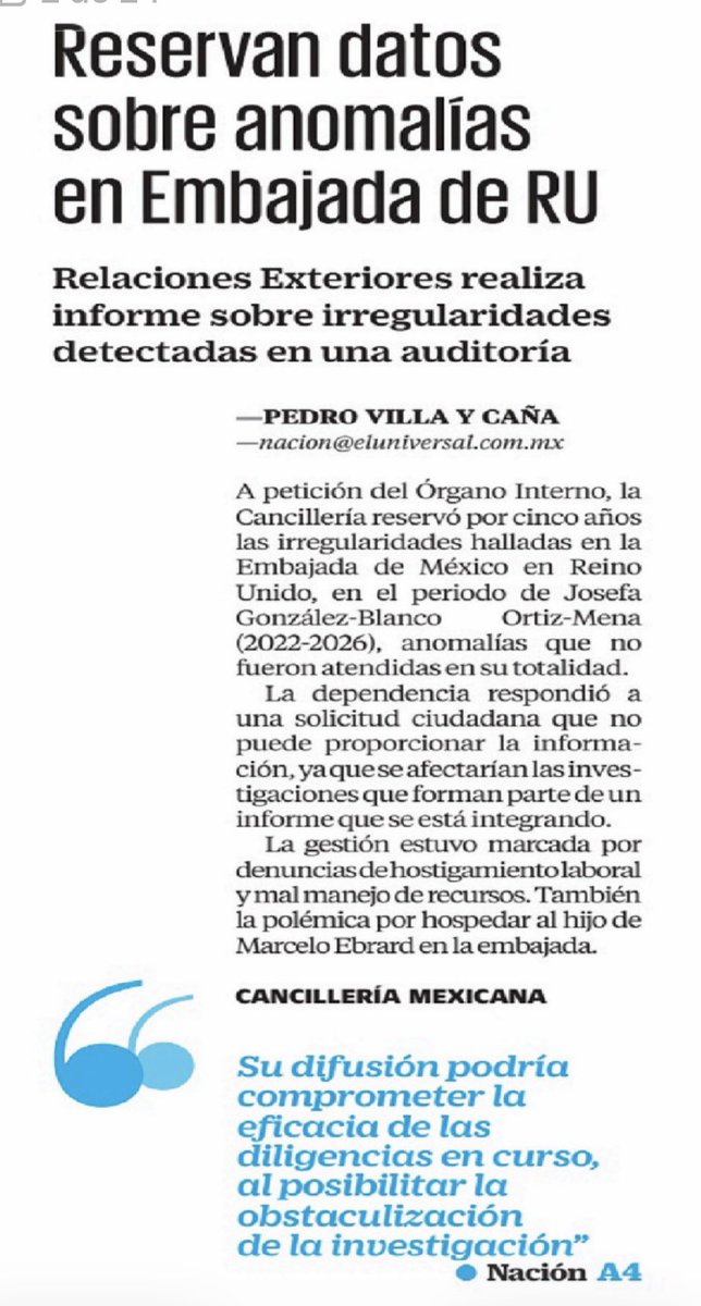 avieu's tweet photo. La SRE reservó por 5 años las irregularidades detectadas en la Embajada de México en Reino Unido durante la gestión de @josefagbom.

Hostigamiento laboral, mal manejo de recursos y hasta la polémica por hospedar al hijo de @m_ebrard en instalaciones diplomáticas.

Cuando se trata de los adversarios exigen transparencia inmediata; cuando los señalamientos rozan a los suyos, la información se guarda bajo llave.