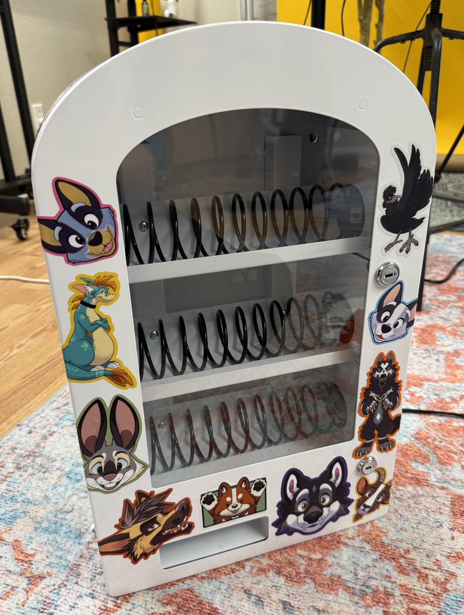 Latinvixen's tweet photo. Decorating my ArtVend machine which will have mystery stickers I have made over the years. I wanted a fun way to sell mystery packs at Megaplex 😊 Need to make the sign next. https://t.co/q8WwEhxSiO