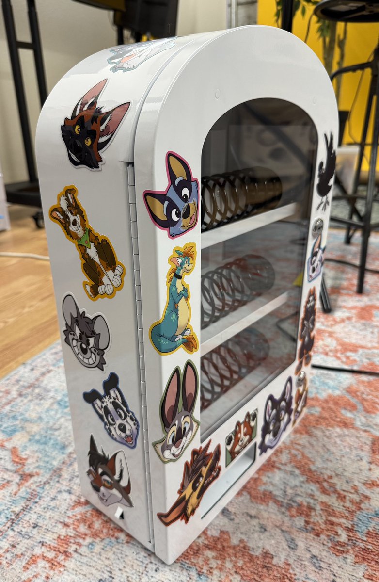 Latinvixen's tweet photo. Decorating my ArtVend machine which will have mystery stickers I have made over the years. I wanted a fun way to sell mystery packs at Megaplex 😊 Need to make the sign next. https://t.co/q8WwEhxSiO