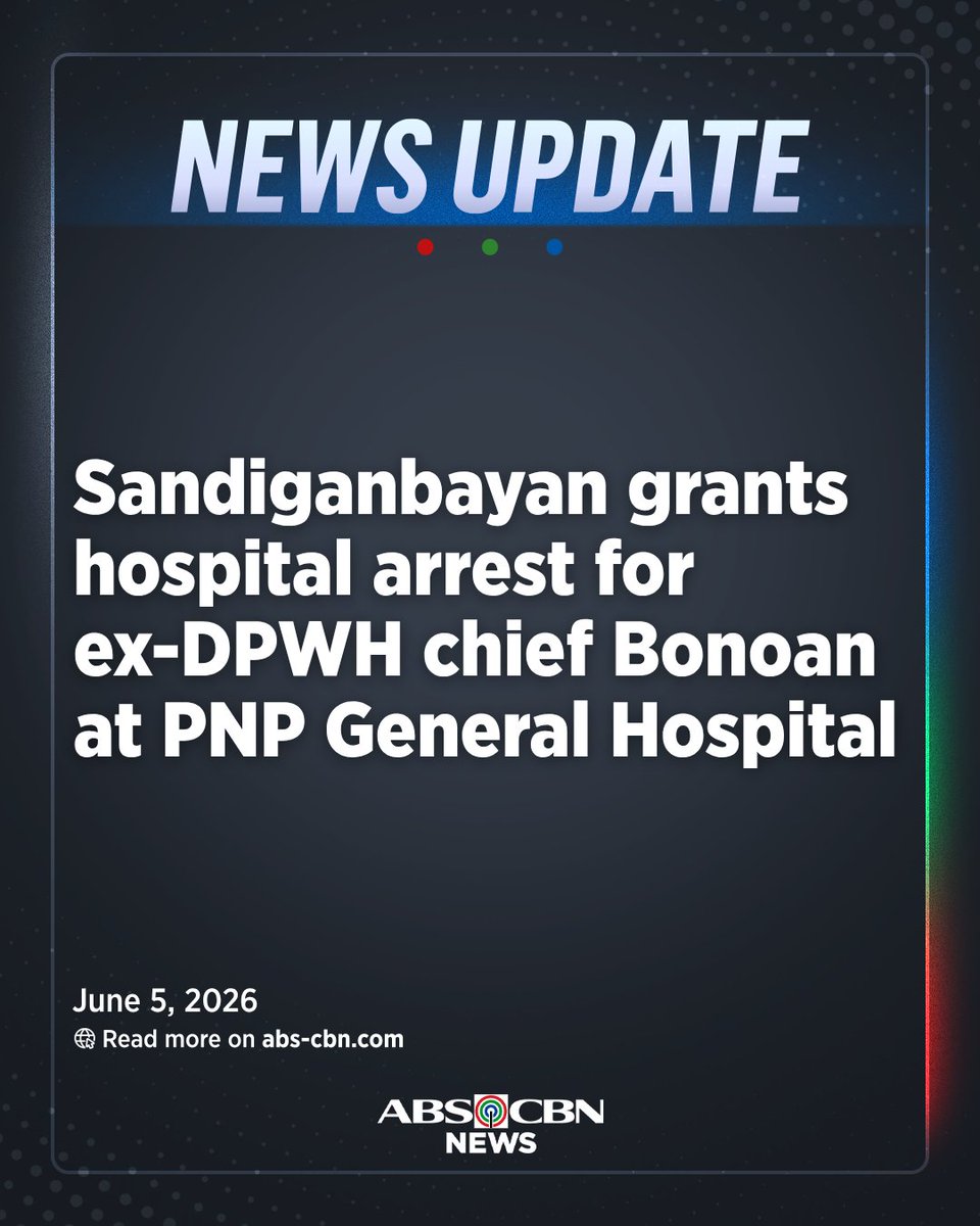 ABSCBNNews's tweet photo. UPDATE: The Sandiganbayan approved former Department of Public Works and Highways (DPWH) Secretary Manuel Bonoan’s motion for hospital arrest, citing humanitarian grounds due to his advanced age and life-threatening medical conditions.  

In a resolution promulgated on Thursday, the court's Fifth Division ruled that Bonoan will be confined at the Philippine National Police (PNP) General Hospital in Camp Crame, Quezon City, instead of The Medical City, where he had sought confinement while his case is pending. | via @KaxandraSalonga