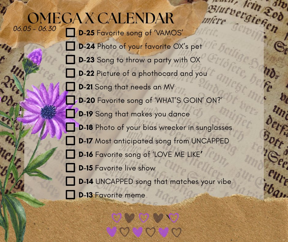 hbd_OX's tweet photo. 💚✨ The countdown to OMEGA X's 5th Anniversary has begun! ✨💚
Join us from June 5 to June 30 (KST) in this special calendar project and share your favorite songs, memories, and moments with OMEGA X. 🫶
How many prompts on your checklist can you complete? 💚 https://t.co/TOVAQpHXIJ