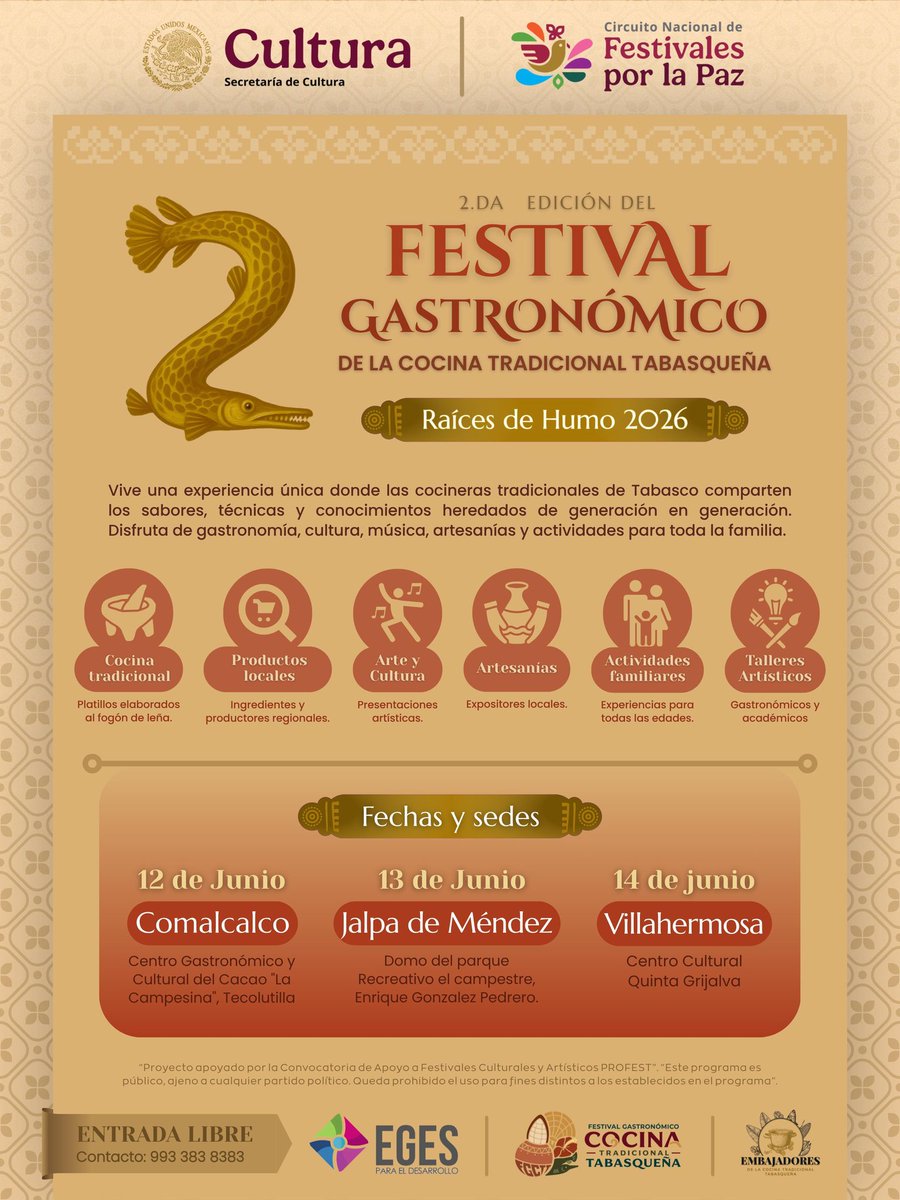 TVTenlinea's tweet photo. #Entérate 🔴 El Festival Gastronómico de la Cocina Tradicional Tabasqueña “Raíces de Humo 2026” recorrerá Comalcalco, Jalpa de Méndez y Villahermosa para celebrar la riqueza culinaria del estado.

Las actividades se realizarán del 12 al 14 de junio, con muestras gastronómicas al fogón de leña, talleres, artesanías, música tradicional, conversatorios, concursos y actividades recreativas.

El festival iniciará en Tecolutilla, Comalcalco; continuará en Jalpa de Méndez y concluirá en el Centro Cultural Quinta Grijalva, en Villahermosa.

La entrada será gratuita.