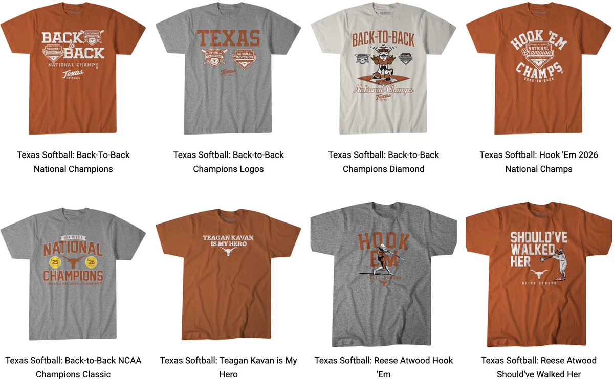 BreakingT's tweet photo. 🏆 TEXAS GOES BACK-2-BACK!! 🏆

Shop the official @TexasSoftball Women's College World Series champs collection!

🛒https://t.co/ao6RhEvEyl https://t.co/lCsvHGD2lS