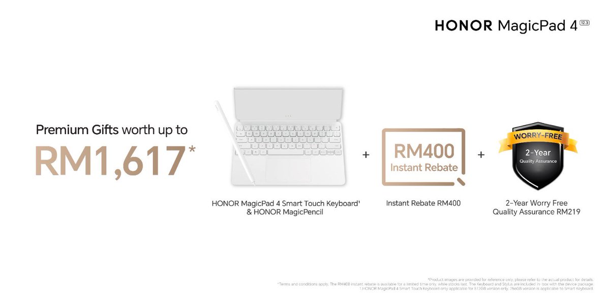tech_lagi's tweet photo. HONOR MagicPad 4 dah diperkenalkan.

- Snapdragon 8 Gen 5
- Skrin 12.3” 3K OLED 165Hz
- 12GB + 256GB | 16GB + 512GB
- Kamera belakang 13MP
- Swafoto 9MP
- Linux OS + Android OS
- 8 speaker, Spatial Audio
- Bateri 10100mAh, 66W
- Harga RM2999 | RM3599

Beli? https://t.co/wY4NUTTrSA