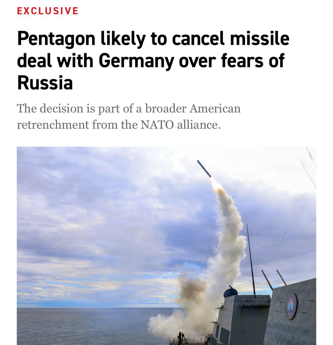 maxosintintel's tweet photo. ⚡️🇺🇸🇩🇪🇷🇺 — The Pentagon is reportedly considering canceling plans to deploy Tomahawk missiles to Germany, amid concerns that Moscow could view the move as escalatory, potentially reversing a bilateral agreement reached under the Biden administration, according to POLITICO.

➡️ U.S. and European officials cited concerns over possible Russian retaliation, while reports also point to growing pressure on American missile stockpiles following recent military operations.

➡️ The reported review comes alongside broader reductions in the U.S. military footprint in Europe, including planned cuts to personnel, aircraft, drones, and naval assets.

➡️ German officials are reportedly assessing European alternatives to address long-range strike capability gaps, amid concerns that U.S. force reductions could outpace Europe's ability to expand defense production.